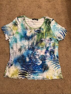 Women's Blue Green Watercolor Short Sleeve Scoop Neck Top